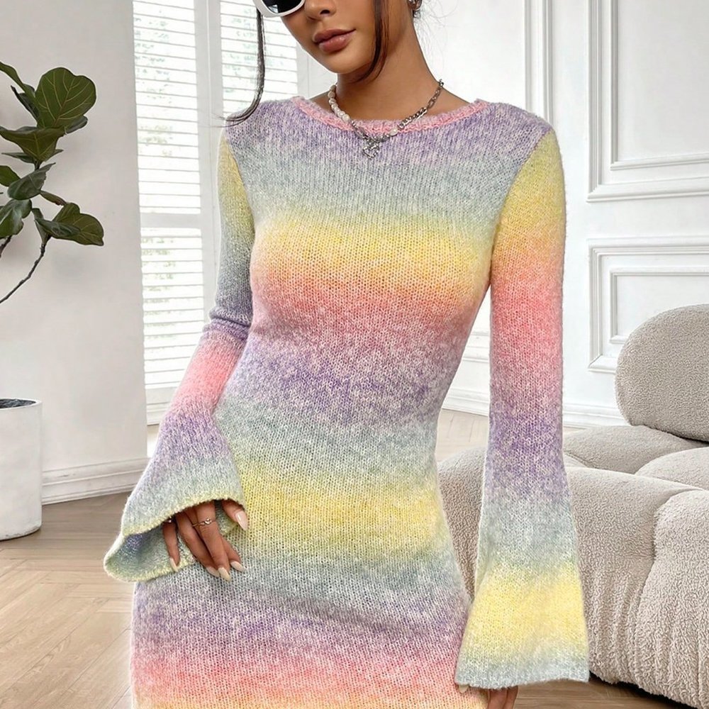 Multicolor Casual Womens Ombre Backless Flounce Sleeve Sweater Dress - Picture 3 of 5